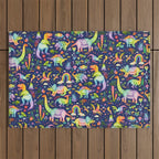 Rainbow color Cheerful Dinosaurus World - bluebg Outdoor Rug Gallery Image 1