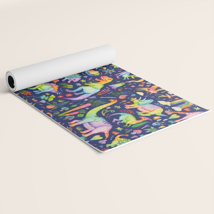 Rainbow color Cheerful Dinosaurus World - bluebg Yoga Mat Gallery Image 2