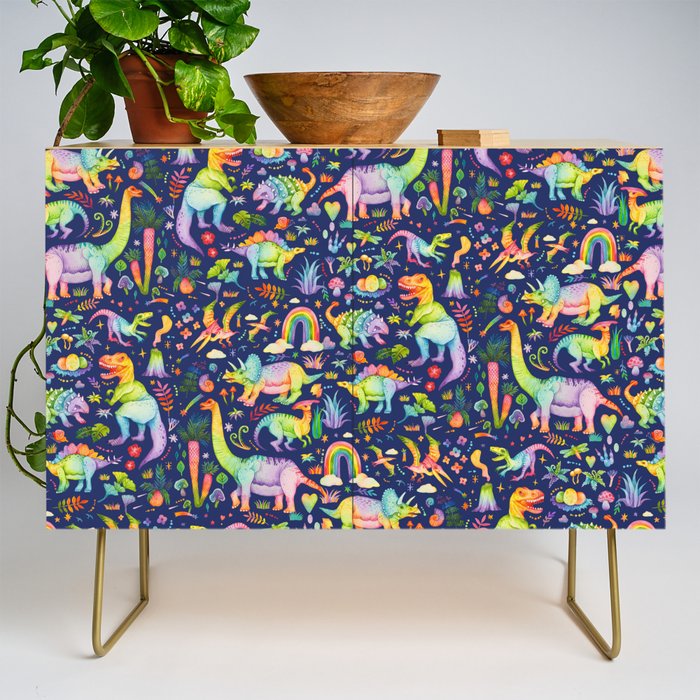 Rainbow color Cheerful Dinosaurus World - bluebg Credenza Gallery Image 1