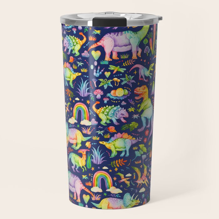 Rainbow color Cheerful Dinosaurus World - bluebg Travel Mug Gallery Image 1