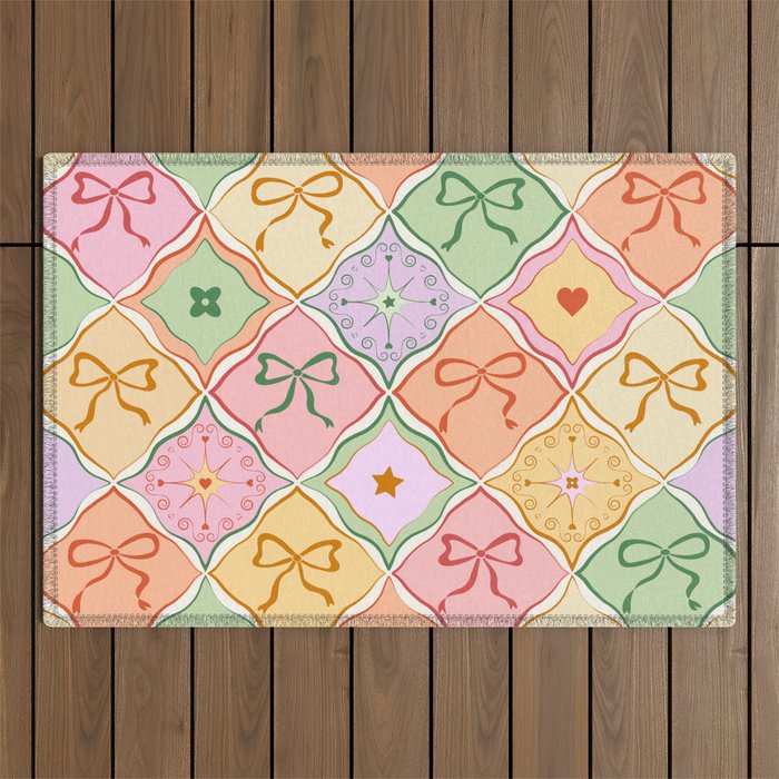 Colorful Coquette Patchwork Quilt with Bows  Outdoor Rug Gallery Image 1