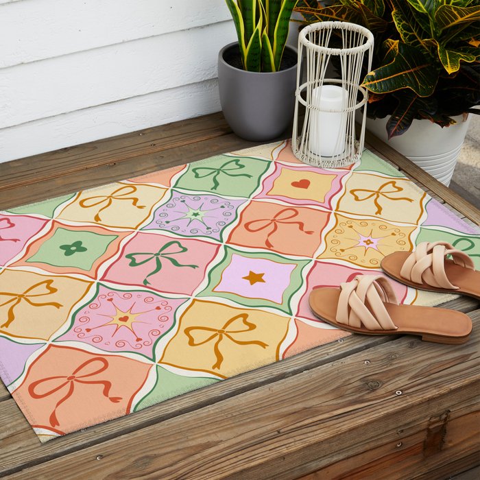 Colorful Coquette Patchwork Quilt with Bows  Outdoor Rug Gallery Image 2