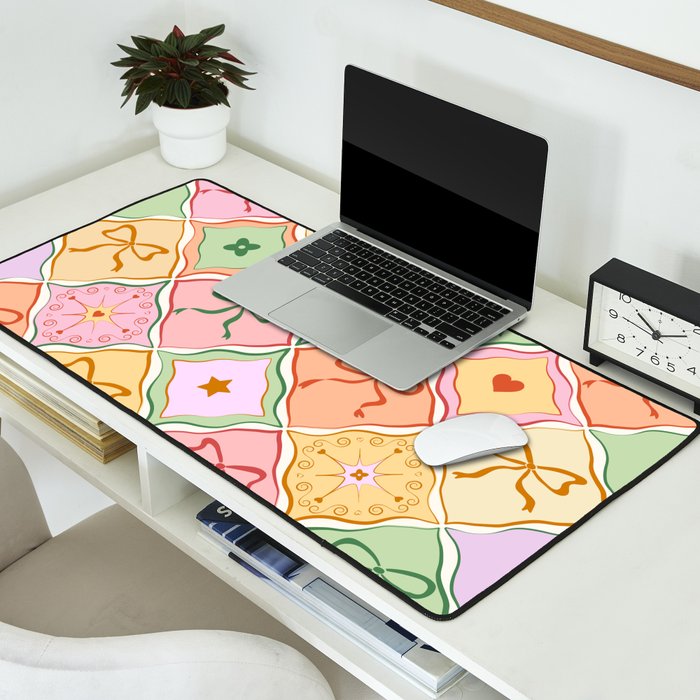 Colorful Coquette Patchwork Quilt with Bows  Desk Mat Gallery Image 2