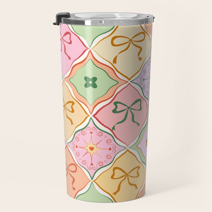 Colorful Coquette Patchwork Quilt with Bows  Travel Mug Gallery Image 3