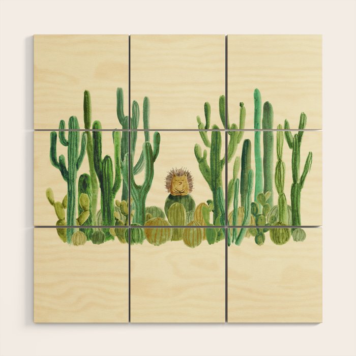 In my happy place - hedgehog meditating in cactus jungle Wood Wall Art Gallery Image 1