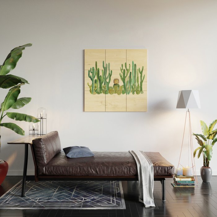 In my happy place - hedgehog meditating in cactus jungle Wood Wall Art Gallery Image 2