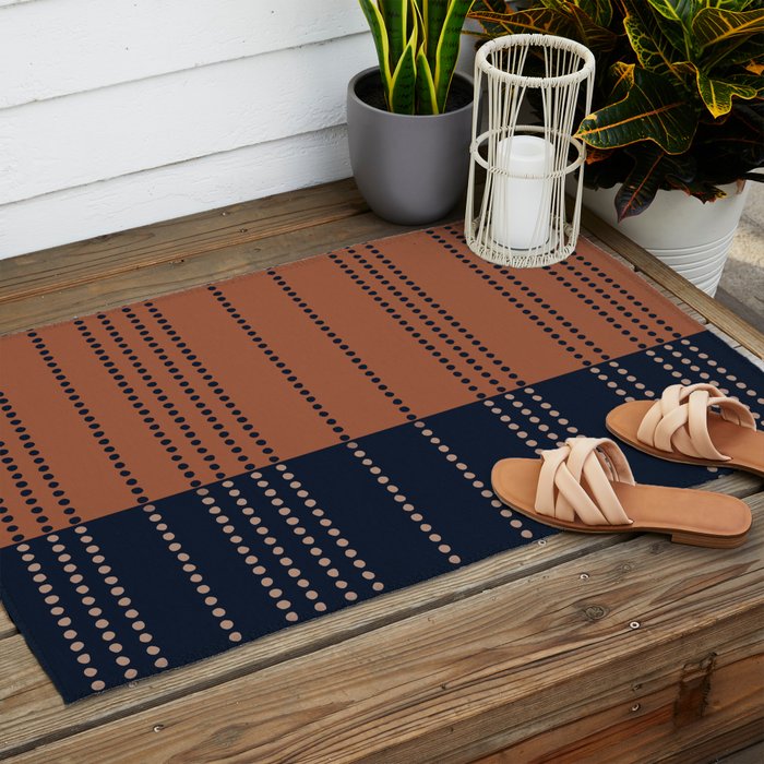 Spotted Stripes, Terracotta and Navy Blue Outdoor Rug Gallery Image 2