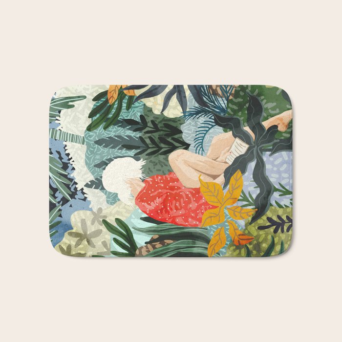 The Distracted Reader | Mindfulness Solo Travel | Bohemian Jungle Botanical Mood | Nature Book Lady Bath Mat Gallery Image 1
