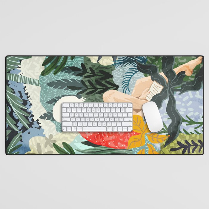 The Distracted Reader | Mindfulness Solo Travel | Bohemian Jungle Botanical Mood | Nature Book Lady Desk Mat Gallery Image 1