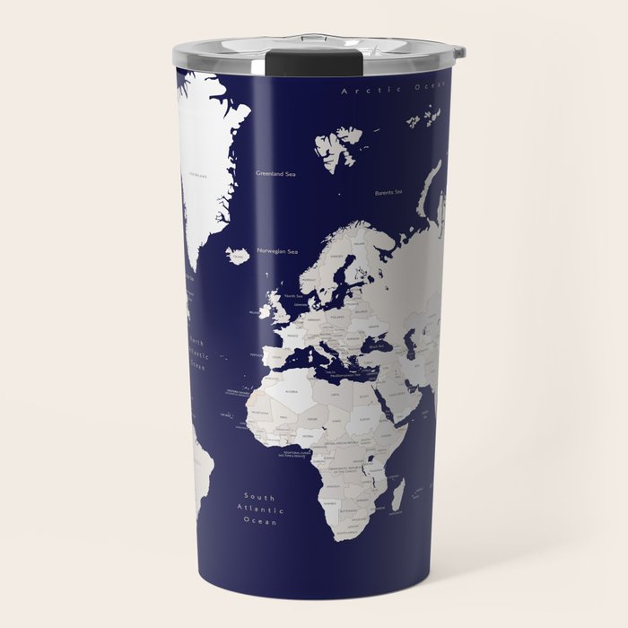Navy blue and cream world map, "Austin" Travel Mug Gallery Image 1