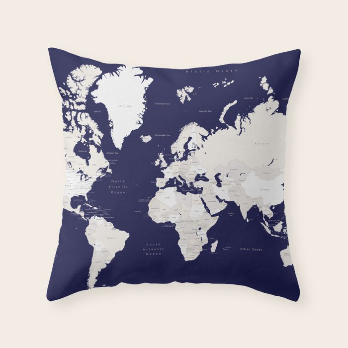 Navy blue and cream world map, "Austin" Throw Pillow Gallery Image 6
