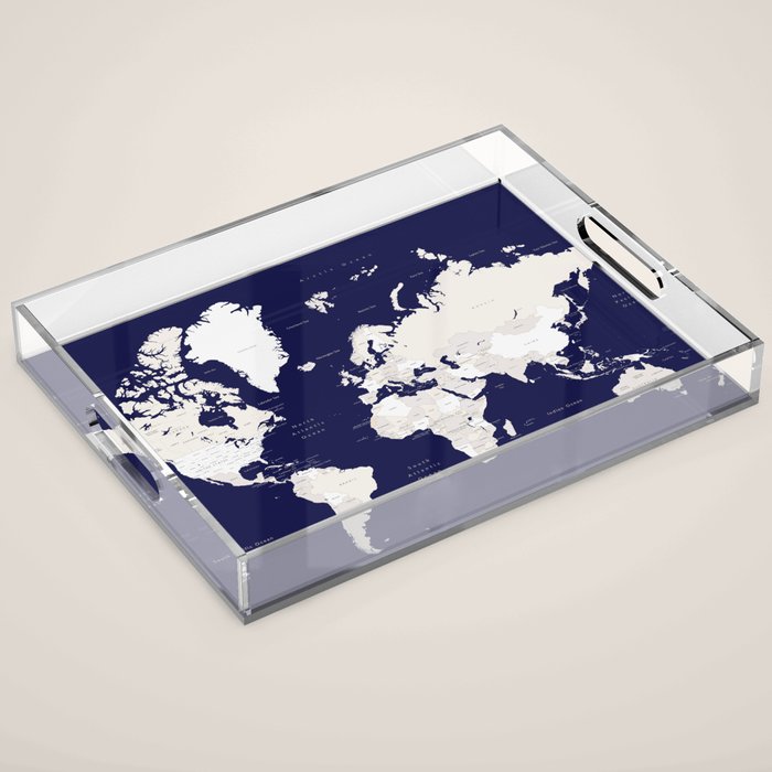 Navy blue and cream world map, "Austin" Acrylic Tray Gallery Image 1