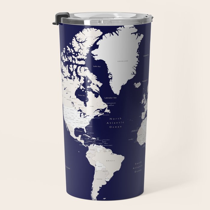 Navy blue and cream world map, "Austin" Travel Mug Gallery Image 3