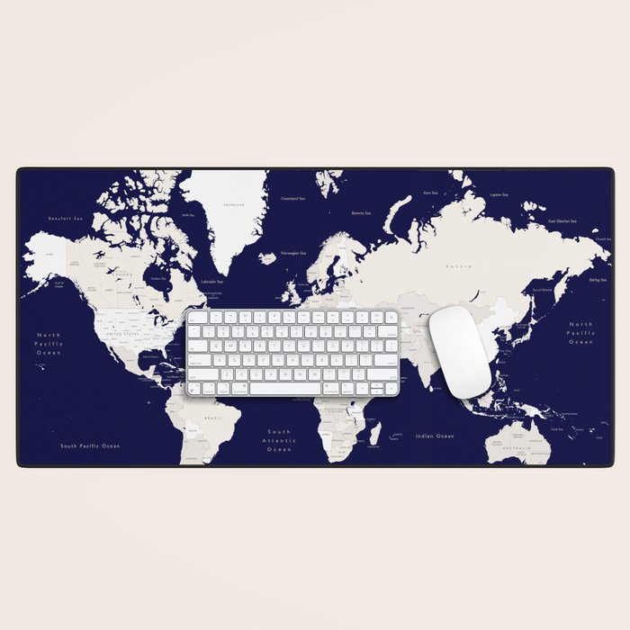 Navy blue and cream world map, "Austin" Desk Mat Gallery Image 1