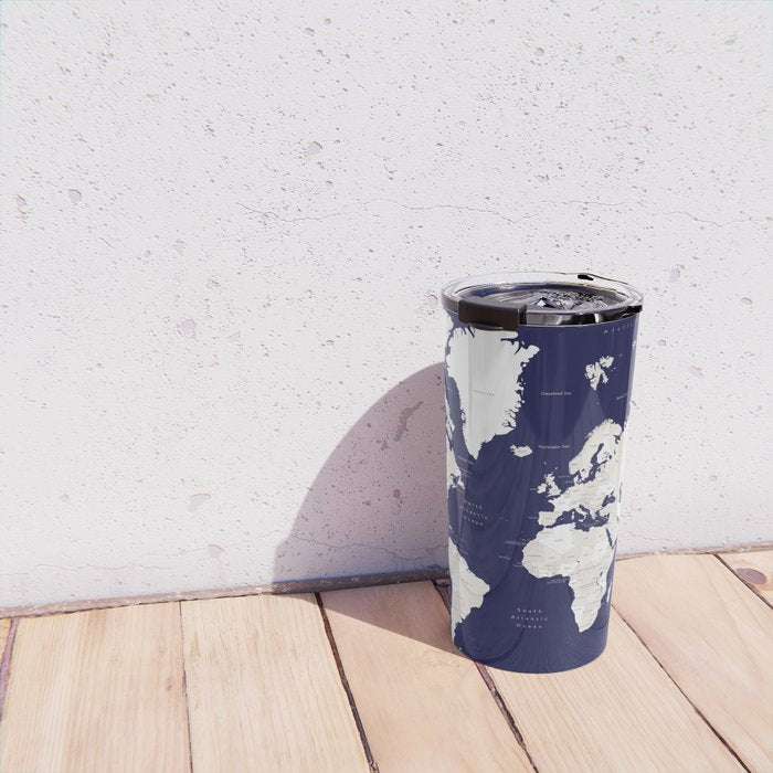 Navy blue and cream world map, "Austin" Travel Mug Gallery Image 4