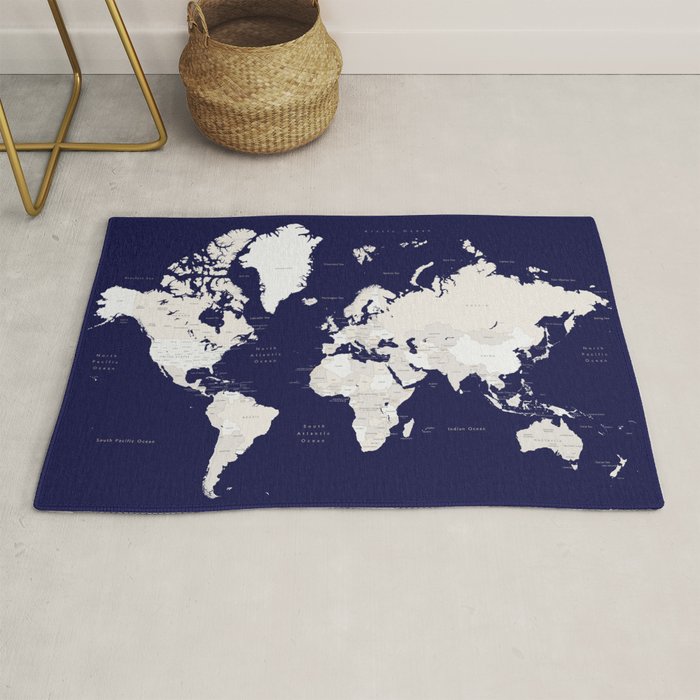 Navy blue and cream world map, "Austin" Rug Gallery Image 1