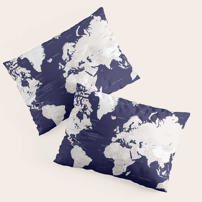 Navy blue and cream world map, "Austin" Pillow Sham Gallery Image 3