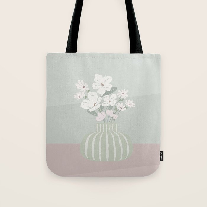 Wildflower bouquet in vase illustration - muted green, dusty pink and beige flowers Tote Bag Gallery Image 1