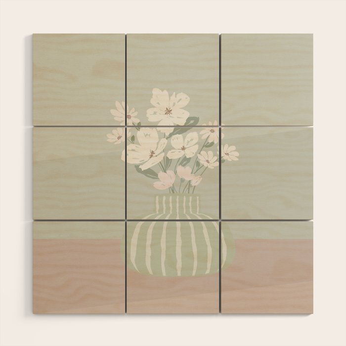Wildflower bouquet in vase illustration - muted green, dusty pink and beige flowers Wood Wall Art Gallery Image 1