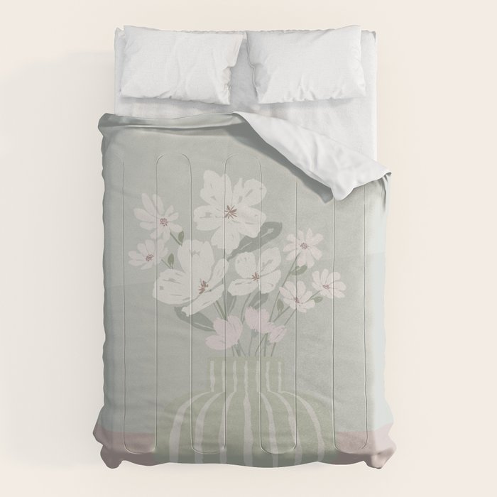 Wildflower bouquet in vase illustration - muted green, dusty pink and beige flowers Comforter Gallery Image 6