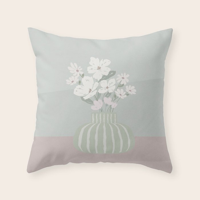 Wildflower bouquet in vase illustration - muted green, dusty pink and beige flowers Throw Pillow Gallery Image 6