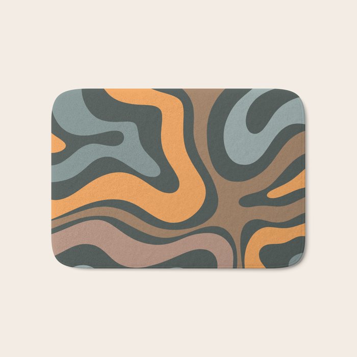 Modern Retro Liquid Swirl Abstract Slate Blue Orange Brown Taupe Bath Mat Gallery Image 1