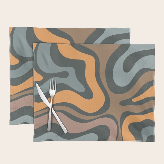 Modern Retro Liquid Swirl Abstract Slate Blue Orange Brown Taupe Placemat Gallery Image 1
