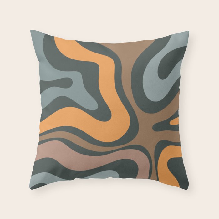 Modern Retro Liquid Swirl Abstract Slate Blue Orange Brown Taupe Throw Pillow Gallery Image 1