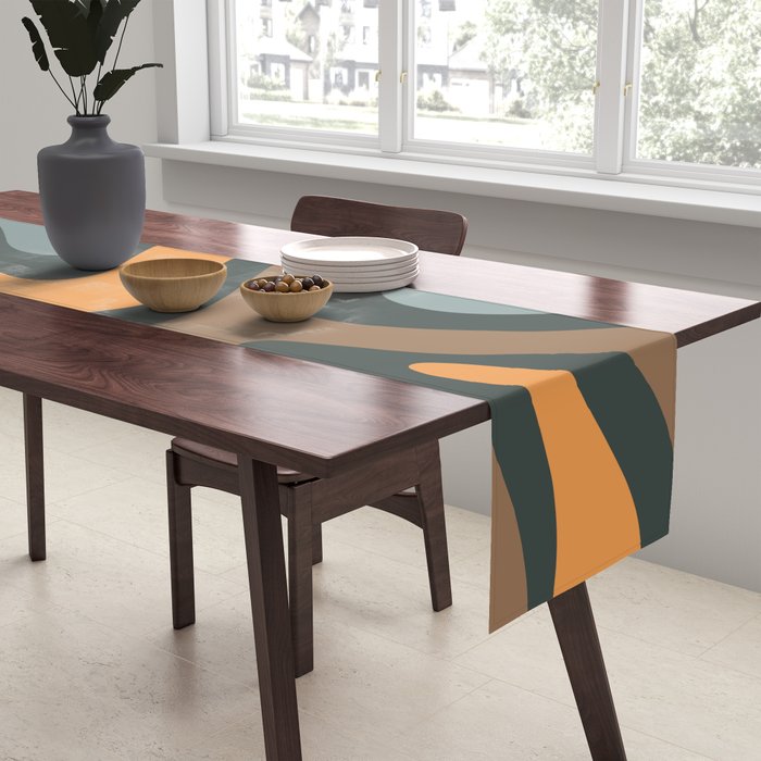 Modern Retro Liquid Swirl Abstract Slate Blue Orange Brown Taupe Table Runner Gallery Image 2
