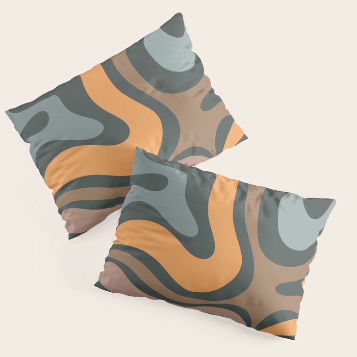 Modern Retro Liquid Swirl Abstract Slate Blue Orange Brown Taupe Pillow Sham Gallery Image 1