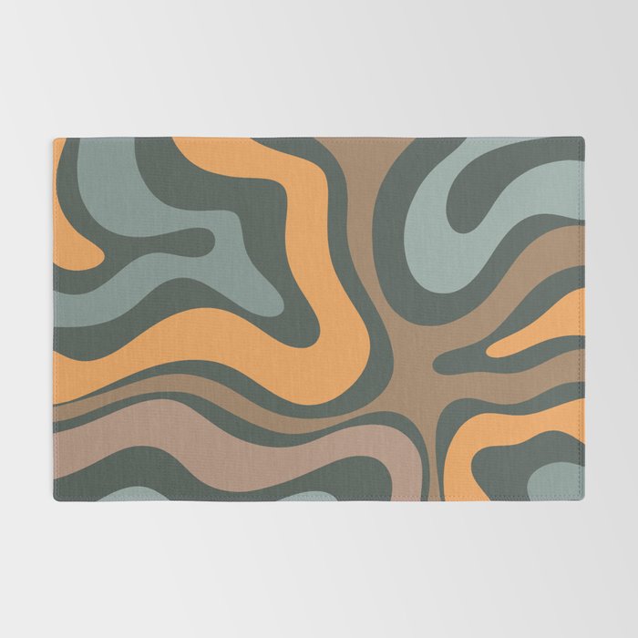 Modern Retro Liquid Swirl Abstract Slate Blue Orange Brown Taupe Rug Gallery Image 2