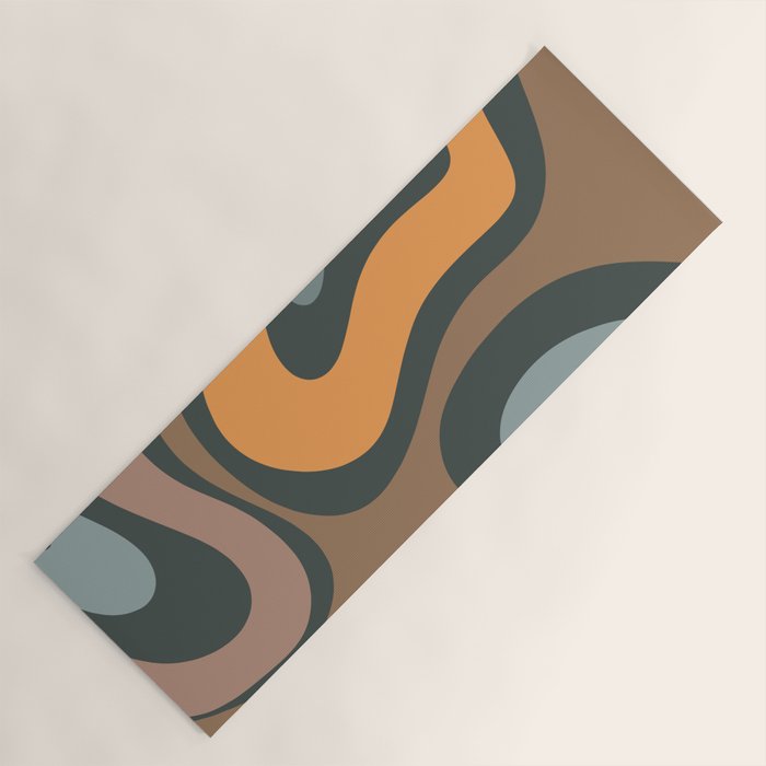 Modern Retro Liquid Swirl Abstract Slate Blue Orange Brown Taupe Yoga Mat Gallery Image 1