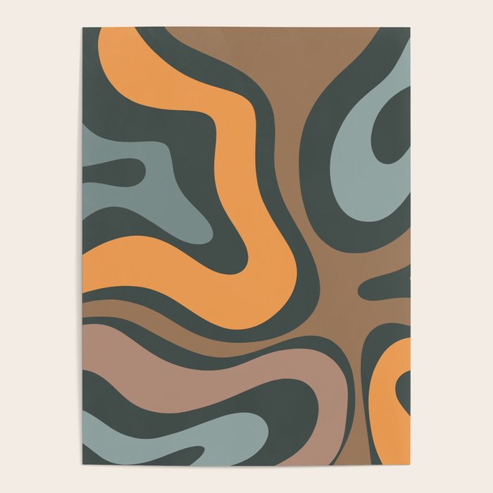 Modern Retro Liquid Swirl Abstract Slate Blue Orange Brown Taupe Poster Gallery Image 1