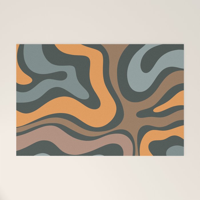 Modern Retro Liquid Swirl Abstract Slate Blue Orange Brown Taupe Welcome Mat Gallery Image 1