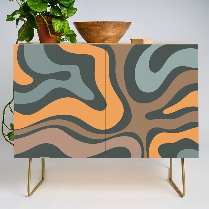 Modern Retro Liquid Swirl Abstract Slate Blue Orange Brown Taupe Credenza Gallery Image 1