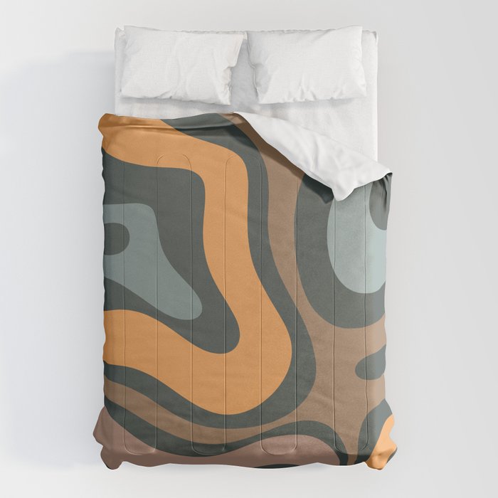 Modern Retro Liquid Swirl Abstract Slate Blue Orange Brown Taupe Comforter Gallery Image 1