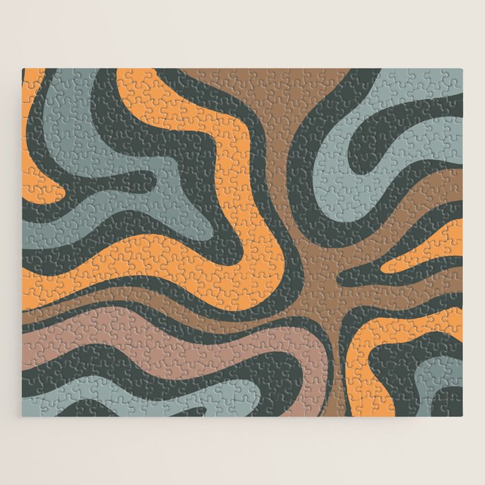 Modern Retro Liquid Swirl Abstract Slate Blue Orange Brown Taupe Jigsaw Puzzle Gallery Image 1