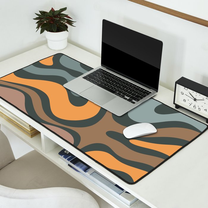 Modern Retro Liquid Swirl Abstract Slate Blue Orange Brown Taupe Desk Mat Gallery Image 2