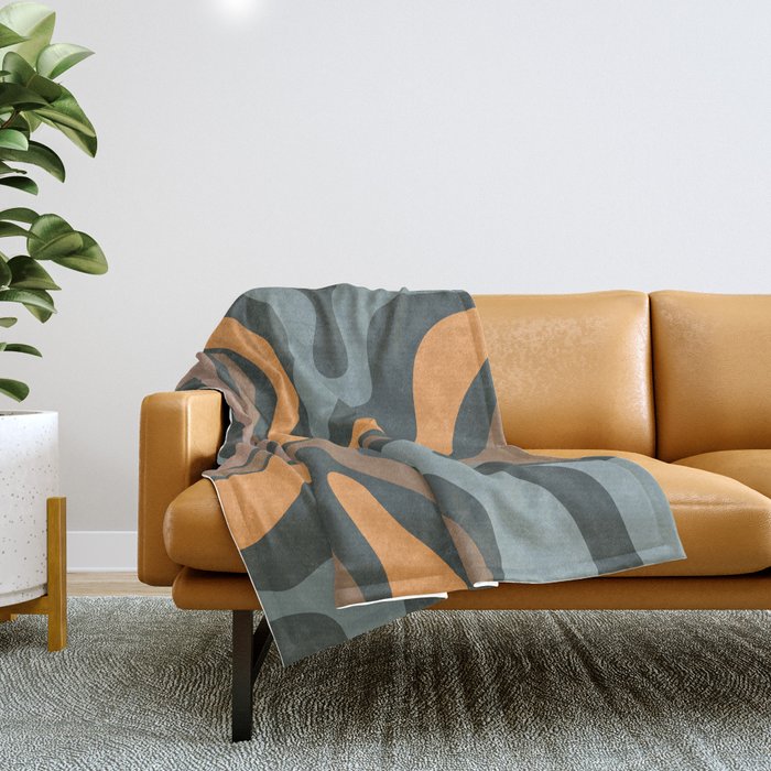 Modern Retro Liquid Swirl Abstract Slate Blue Orange Brown Taupe Throw Blanket Gallery Image 1