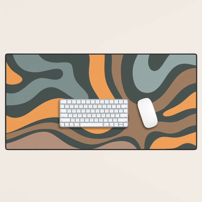 Modern Retro Liquid Swirl Abstract Slate Blue Orange Brown Taupe Desk Mat Gallery Image 1