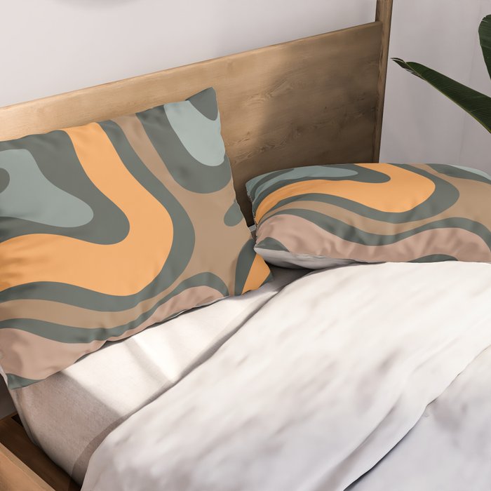 Modern Retro Liquid Swirl Abstract Slate Blue Orange Brown Taupe Pillow Sham Gallery Image 2
