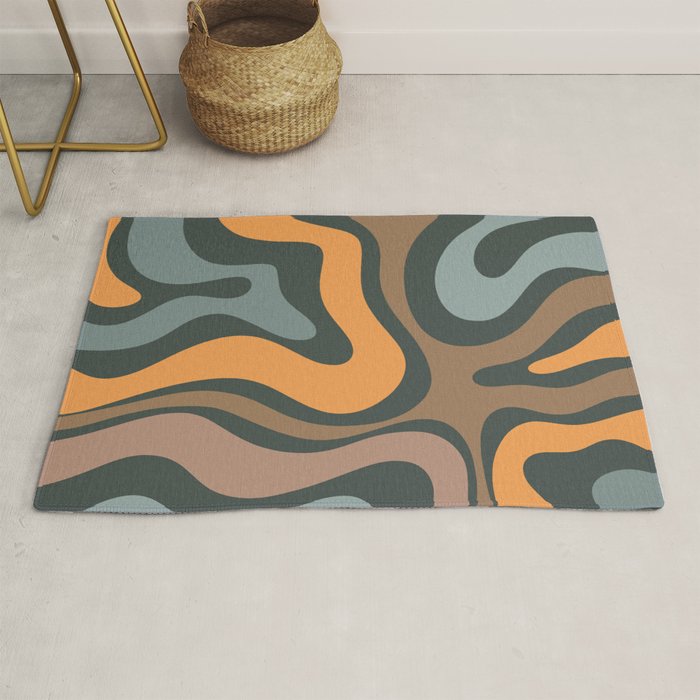 Modern Retro Liquid Swirl Abstract Slate Blue Orange Brown Taupe Rug Gallery Image 1