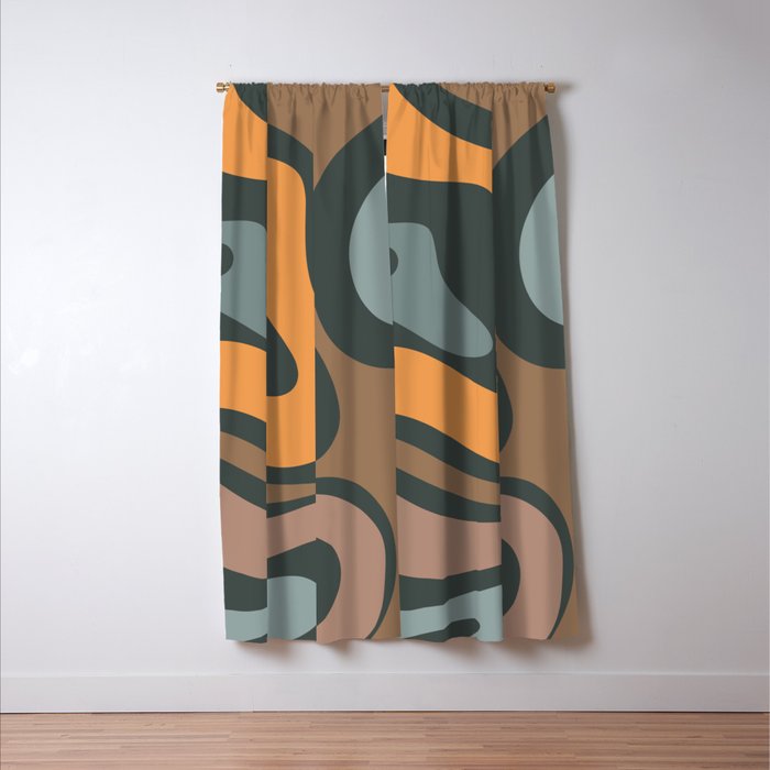 Modern Retro Liquid Swirl Abstract Slate Blue Orange Brown Taupe Window Curtain Gallery Image 3