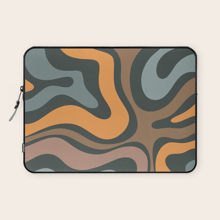 Modern Retro Liquid Swirl Abstract Slate Blue Orange Brown Taupe Laptop Sleeve Gallery Image 1