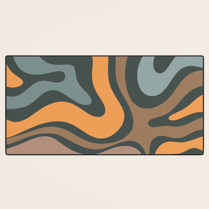 Modern Retro Liquid Swirl Abstract Slate Blue Orange Brown Taupe Desk Mat Gallery Image 3