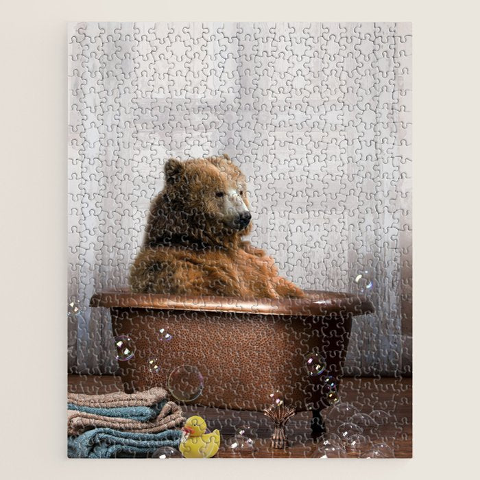 Bear with Rubber Ducky in Vintage Bathtub Jigsaw Puzzle Gallery Image 1