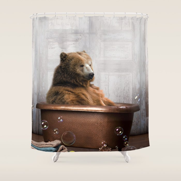 Bear with Rubber Ducky in Vintage Bathtub Shower Curtain Gallery Image 1