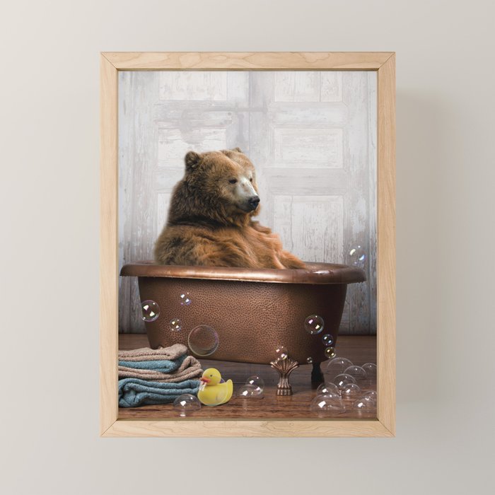 Bear with Rubber Ducky in Vintage Bathtub Mini Art Print Gallery Image 1