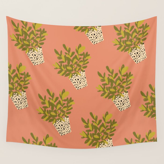 ZZ Plant Art on Terra cotta background Wall Tapestry Gallery Image 1