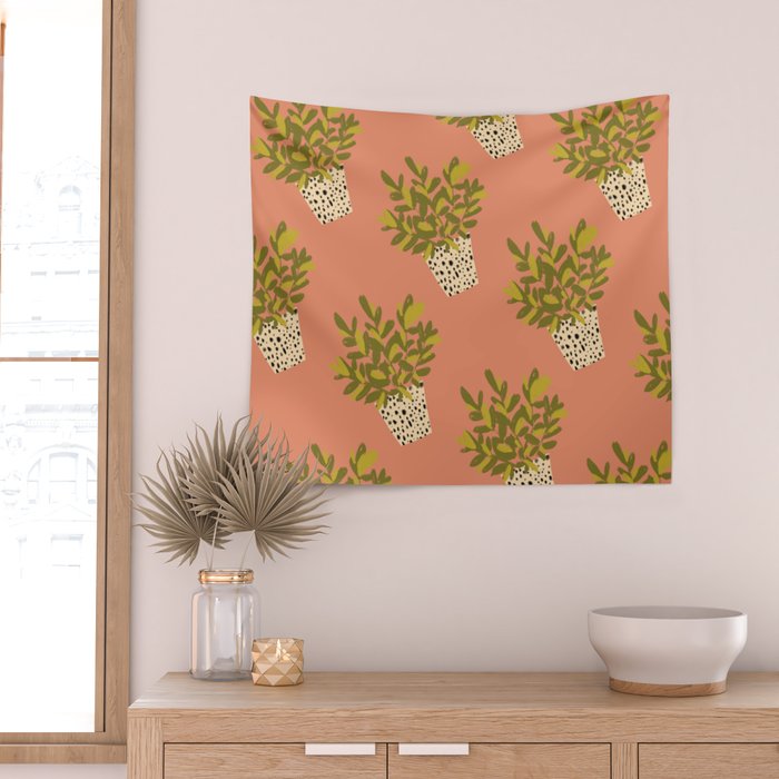 ZZ Plant Art on Terra cotta background Wall Tapestry Gallery Image 2